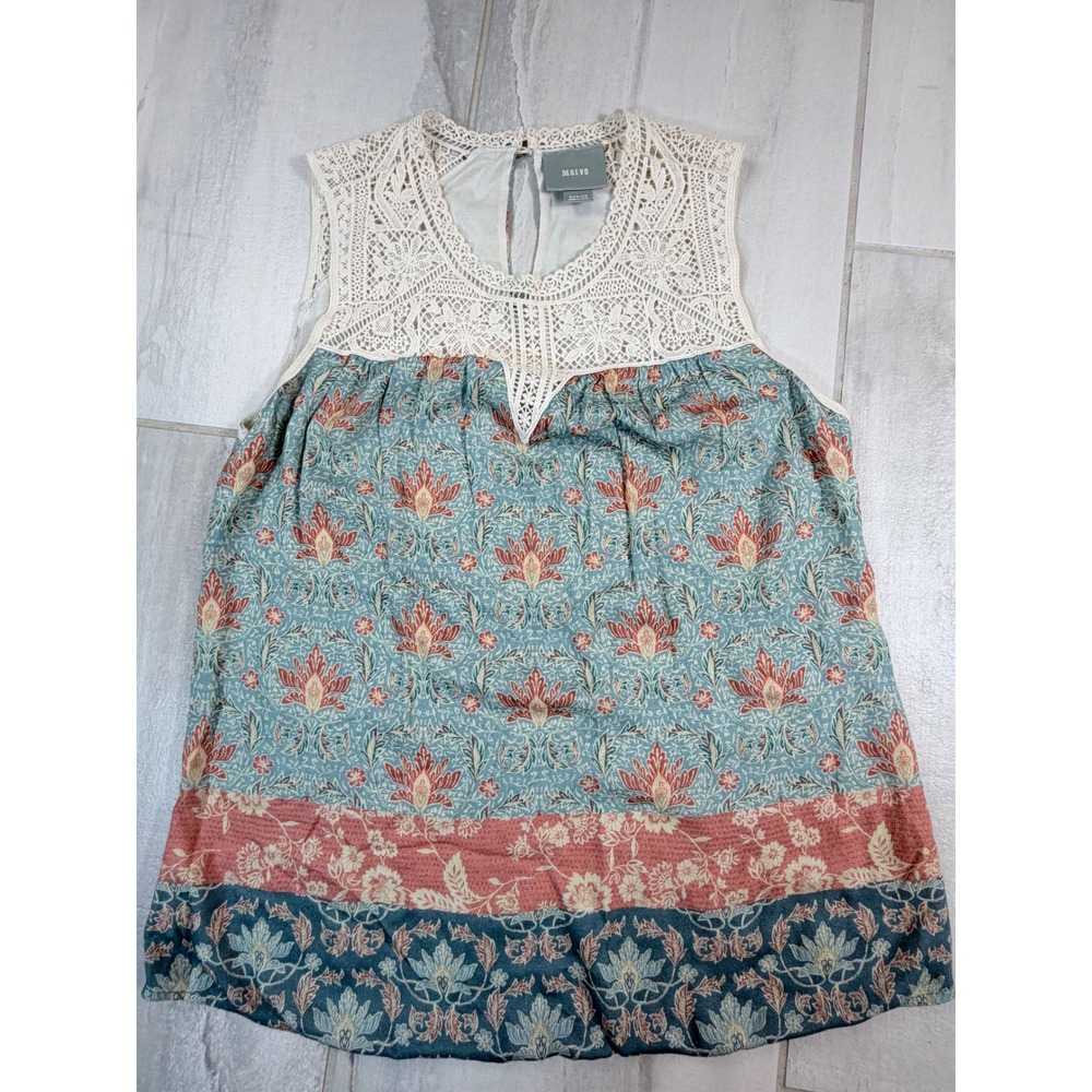 Maeve Anthropologie Blue Floral Crochet Lace Yoke Sleeveless Top Medium